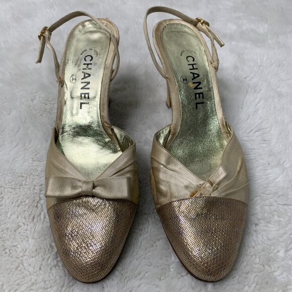 Vintage Chanel Women's Gold Cream Ballet Round Toe Sling Back Heels Size 7 - Picture 1 of 16